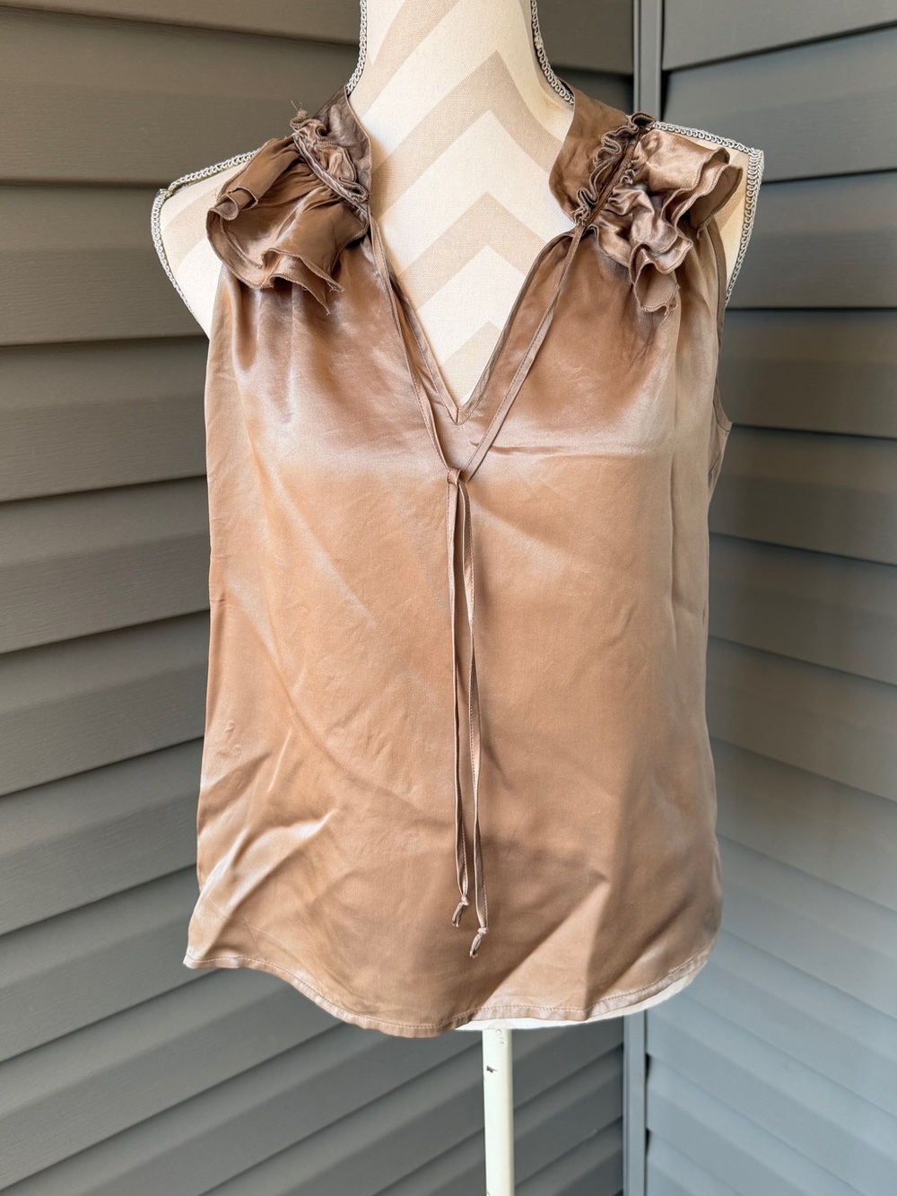 Kenar Sleeveless Silk Ruffle Tie-Neck Women's Top Brown Sz M